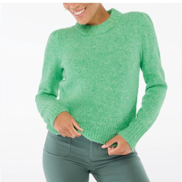 NWT J. Crew fuzz puff sleeve Green sweater size M Alpaca Blend - Picture 1 of 10